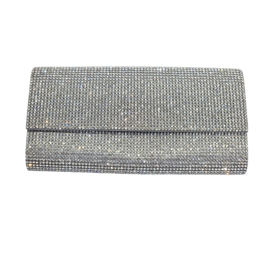 Judith Leiber Couture Perry Crystal Clutch Gray Evening Bag Silver Chain Luxury